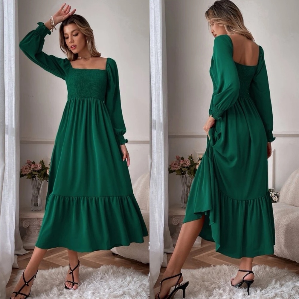 Shirred bust square neck long sleeve ruffle maxi dress boho gypsy rust brown - Picture 7 of 10